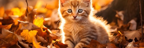 Kot, Liście, Rudy, Grafika AI, Jesień