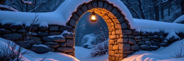 Drzewa, Łuk, Murek, Brama, Zima, Śnieg, Lampa