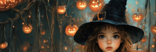 Halloween, Czapka, Dziewczynka, AI, Dynie