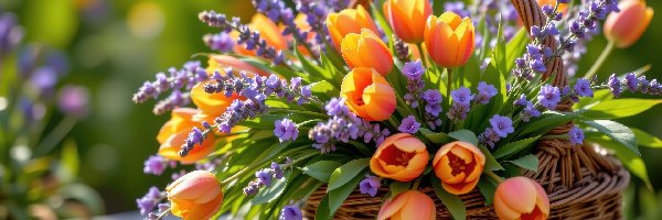 Lawenda, Koszyk, Tulipany, Kwiaty