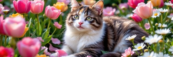 Kot, Tulipany, Kwiaty, Leżący