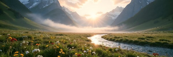 AI, Mgła, Słoneczny blask, Rzeka, Góry, Kwiaty, Łąka