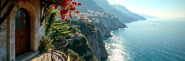 Skały, Wybrzeże, AI, Kwiaty, Klify, Domy, Balkon, Morze