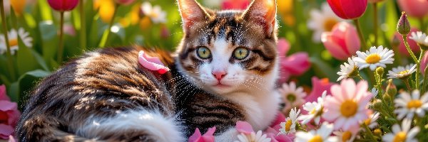 Biało-brązowy, Kot, Leżący, Kwiaty, Kolorowe