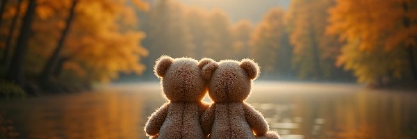 Jezioro, Przytulone, Pluszowe, Dwa, Jesień, Pomost, Misie