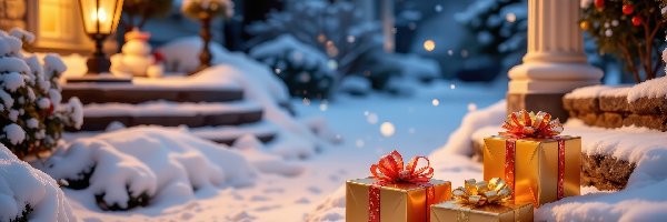 Krzewy, Schody, Prezenty, Bombki, Ośnieżone, Zima