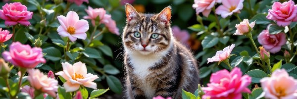 Różowe, Siedzący, Kwiaty, AI, Bury, Kot