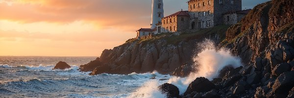 Morze, Latarnia morska, Fale, Zachód słońca, Skały