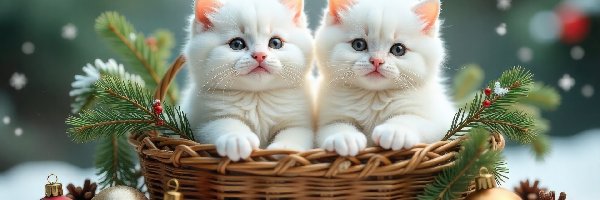 AI, Koty, Koszyk, Białe, Dwa, Gałązki, Bombki