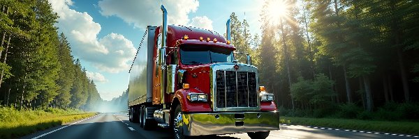 Droga, Czerwona, Ciężarówka, AI, Drzewa