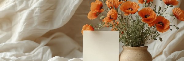 Płótno, Wazon, Biała, Maki, Kwiaty, Białe, Kartka