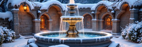 Krzewy, Budowla, Oświetlenie, Ośnieżona, Zima, Fontanna, Lampion