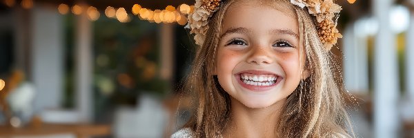 Kwiaty, Blondynka, Wianek, Światełka, Dziewczynka, Uśmiechnięta