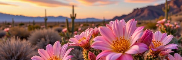 Różowe, Góry, Kwiaty, Kaktusy