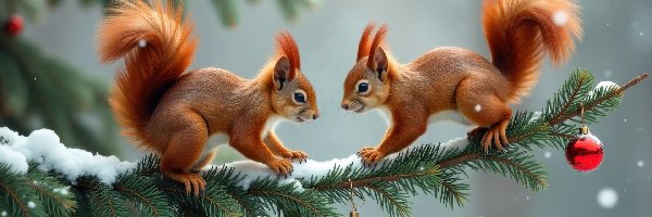 Gałązka, Wiewiórki, Czerwone, Rude, Dwie, Ośnieżona, Bombki