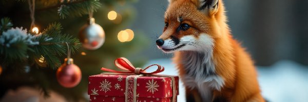 AI, Bombki, Prezent, Choinka, Boże Narodzenie, Śnieg, Lis