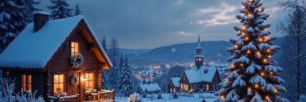 Choinka, Dom, AI, Zima, Oświetlony, Kościół, Góry, Boże Narodzenie