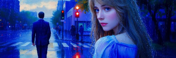 Kobieta, Deszcz, Mężczyzna, Grafika, Ulica