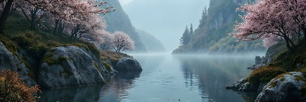 Wiosna, Skały, Drzewa, AI, Góry, Jezioro