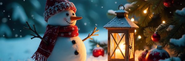 Choinka, Lampion, Czapka, Bałwan, Zima, Grafika AI, Boże Narodzenie, Szalik, Śnieg