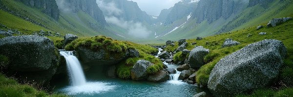 Góry, Trawa, Dolina, Grafika AI, Kamienie, Rzeka