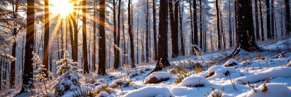 Rośliny, Promienie słońca, Ośnieżone, Drzewa, Las, Zima