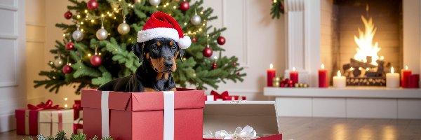 Grafika AI, Szczeniak, Choinka, Pies, Prezent, Boże Narodzenie, Kominek