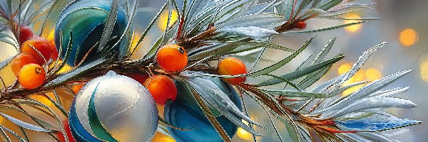 Bombki, Owoce, Gałązka, Boże Narodzenie, Grafika AI