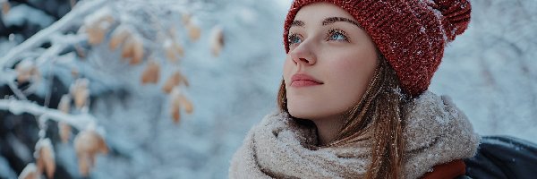 Zima, Czapka, Kobieta, Gałązki, Szal