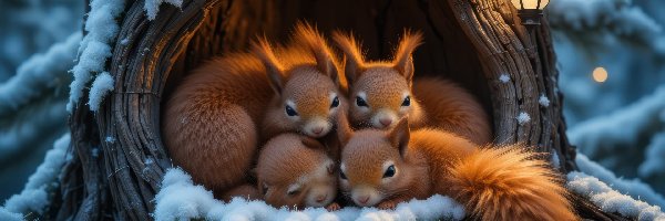 Zima, Dziupla, Wiewiórki, AI, Lampa
