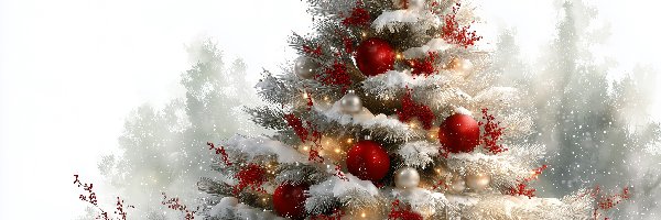 Śnieg, Czerwone, Bombki, Grafika AI, Choinka, Boże Narodzenie