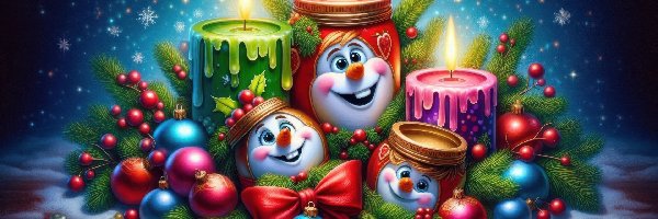 Śnieg, Świece, Kolorowe, Stroik, Świąteczny, Gałązki, Bombki