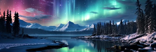 Zorza polarna, Drzewa, Góry, Grafika AI, Rzeka, Zima