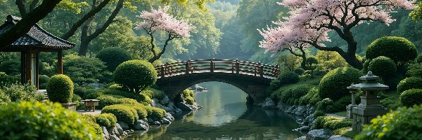 Ogród, Mostek, Rzeka, Krzewy, Drzewa