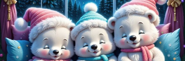 Czapki, Misie, Łóżko, Okno, Śpiące, Trzy