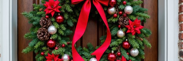 Kwiaty, Wianek, AI, Wstążka, Gałązki, Czerwone, Bombki, Boże Narodzenie