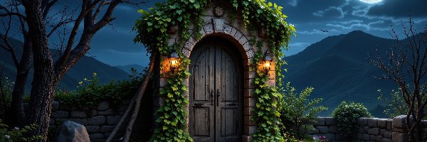 Murowane, Noc, Kamienie, Kwiaty, Drzwi, Rośliny, Kolorowe, Budowla, Księżyc, Ogrodzenie