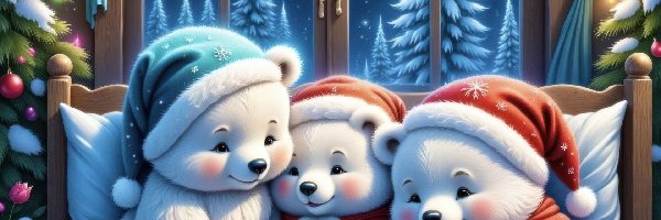 Łóżko, Misie, AI, Zima, Czapki, Choinki, Okno, Trzy