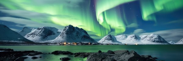Morze, Skały, Góry, Zorza polarna