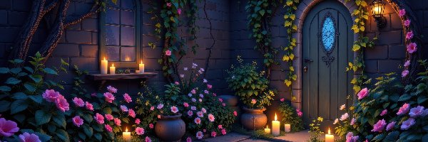 Drzwi, Kwiaty, Bluszcz, Świece, Taras, Ogród