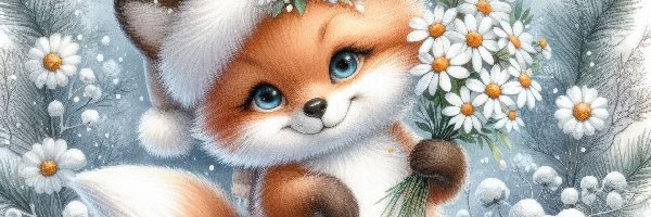 Szyszki, Kwiaty, Grafika AI, Uśmiech, Mały, Lis, Czapka, Śnieg, Stokrotki, Gałązki