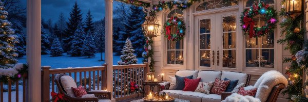 Lampiony, Fotele, Stolik, Taras, Boże Narodzenie, Girlandy, Sofa