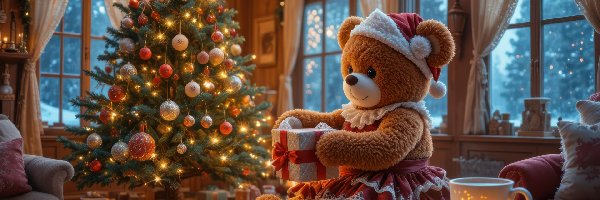 Prezent, Choinka, AI, Dekoracje, Miś pluszowy, Filiżanka, Okna, Boże Narodzenie