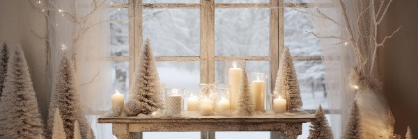 Ława, Okno, Choinki, Świeczki, Światełka, Świąteczne, Zapalone, Boże Narodzenie