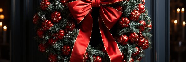 Grafika AI, Kokarda, Dekoracja, Bombki, Wieniec, Boże Narodzenie, Drzwi