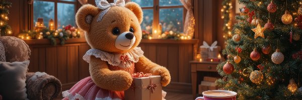 AI, Miś pluszowy, Prezent, Choinka, Boże Narodzenie, Dekoracja, Kubek