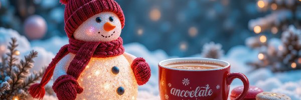 Ciasteczka, Bałwanek, Śnieg, Kawa, Szalik, Rękawice, Kubek, Rozświetlony, Czapka, Gałązki