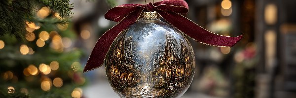 Świerk, Czerwona, Kokarda, Grafika AI, Bombka, Boże Narodzenie