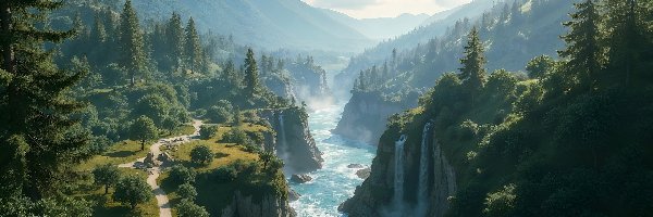 Rzeka, Drzewa, Skały, Góry, Wodospady