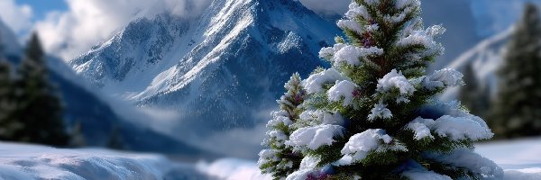 Zima, Drzewa, Rzeka, Grafika AI, Góry